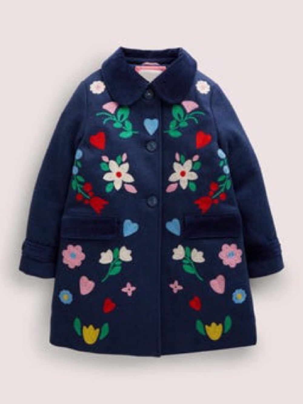 Mini Boden Navy Wool Coat with Colorful Floral Embroidery